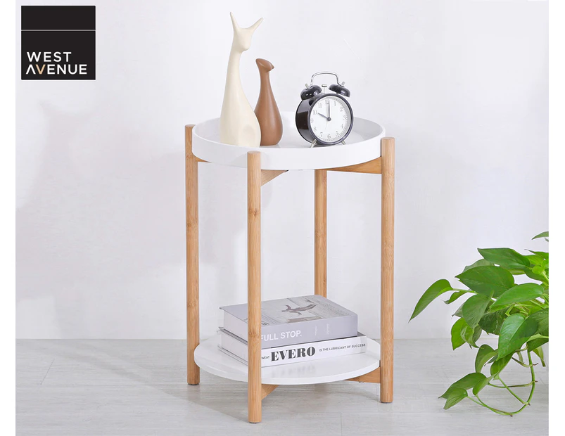 West Avenue Round Side Table w/ Shelf - White/Natural