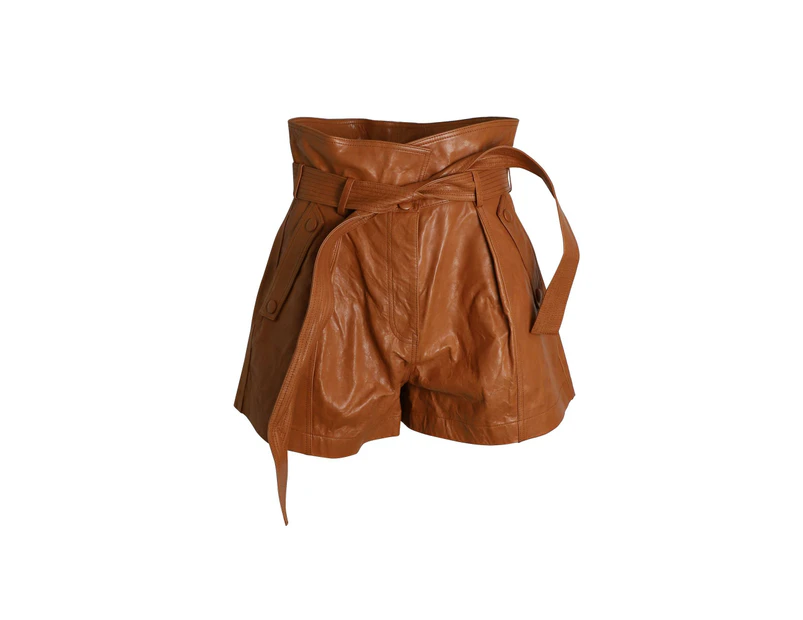 High-Rise Belted Shorts in  Lambskin Leather - Brown