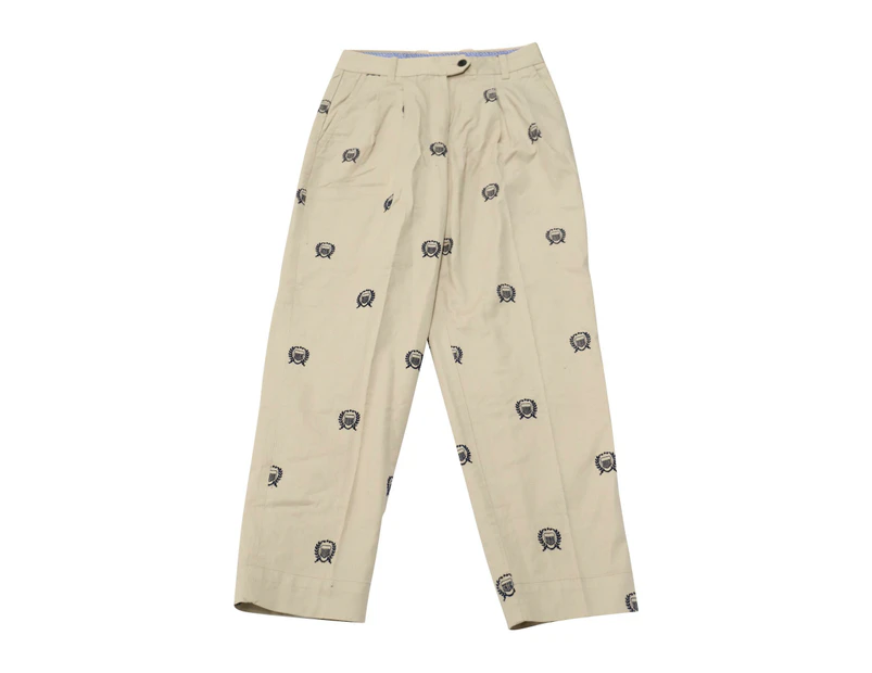 Embroidered High-Waisted Pleated Chinos in Beige Cotton - Beige Print