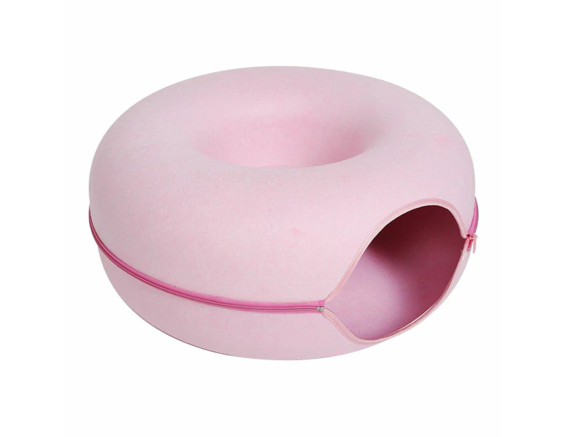 Cat Tunnel Bed Felt Pet Puppy Nest Cave House Round Donut Interactive Play Toy - 50cm x 50cm Medium Pink