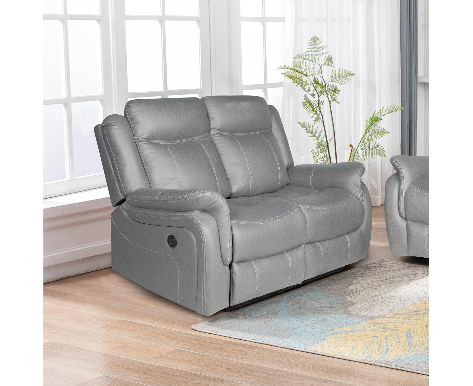 2 Seater Finest Grey Fabric Recliner Sofa Sturdy Construction Metal Mechanism