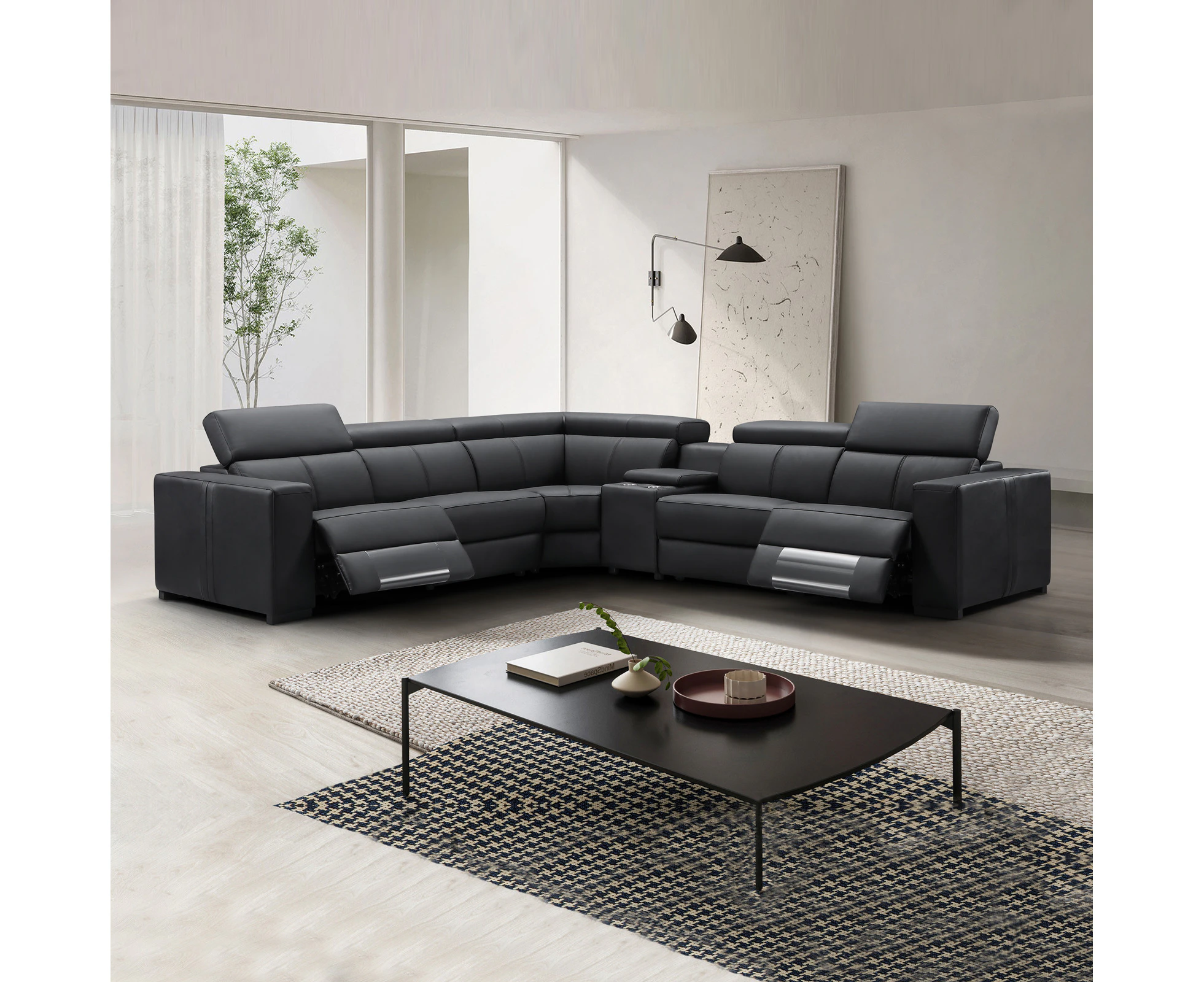 Genuine Leather 6 Seater Corner Sofa With 2 Electric Recliners And Reversible Console in Black Colour