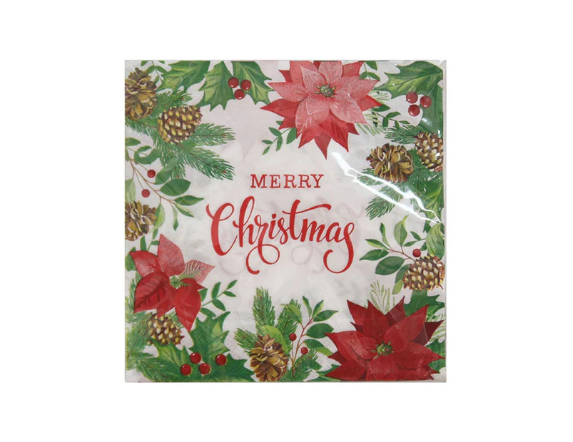 Merry Christmas Poinsettia Red and Green Flower 20 Pack Napkins