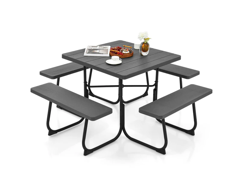 Costway 8-person Picnic Dining Table Outdoor Beer Bench Set Garden Furniture All Weather w/Umbrella Hole Party Backyard,Black