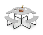 Costway 8-person Round Picnic Table Bench Set  Outdoor All Weather Dining Table w/Umbrella Hole Restaurant Backyard Patio,Grey