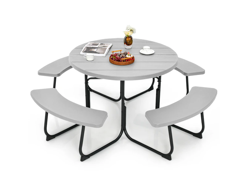 Costway 8-person Round Picnic Table Bench Set  Outdoor All Weather Dining Table w/Umbrella Hole Restaurant Backyard Patio,Grey