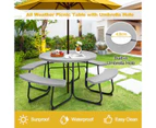 Costway 8-person Round Picnic Table Bench Set  Outdoor All Weather Dining Table w/Umbrella Hole Restaurant Backyard Patio,Grey