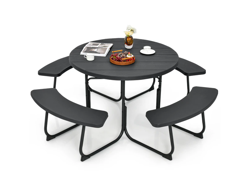 Costway 8-person Round Picnic Table Bench Set  Outdoor All Weather Dining Table w/Umbrella Hole Restaurant Backyard Patio,Black