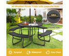 Costway 8-person Round Picnic Table Bench Set  Outdoor All Weather Dining Table w/Umbrella Hole Restaurant Backyard Patio,Black