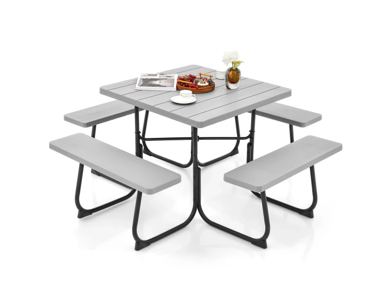 Costway 8-person Picnic Dining Table Outdoor Beer Bench Set Garden Furniture All Weather w/Umbrella Hole Party Backyard,Grey