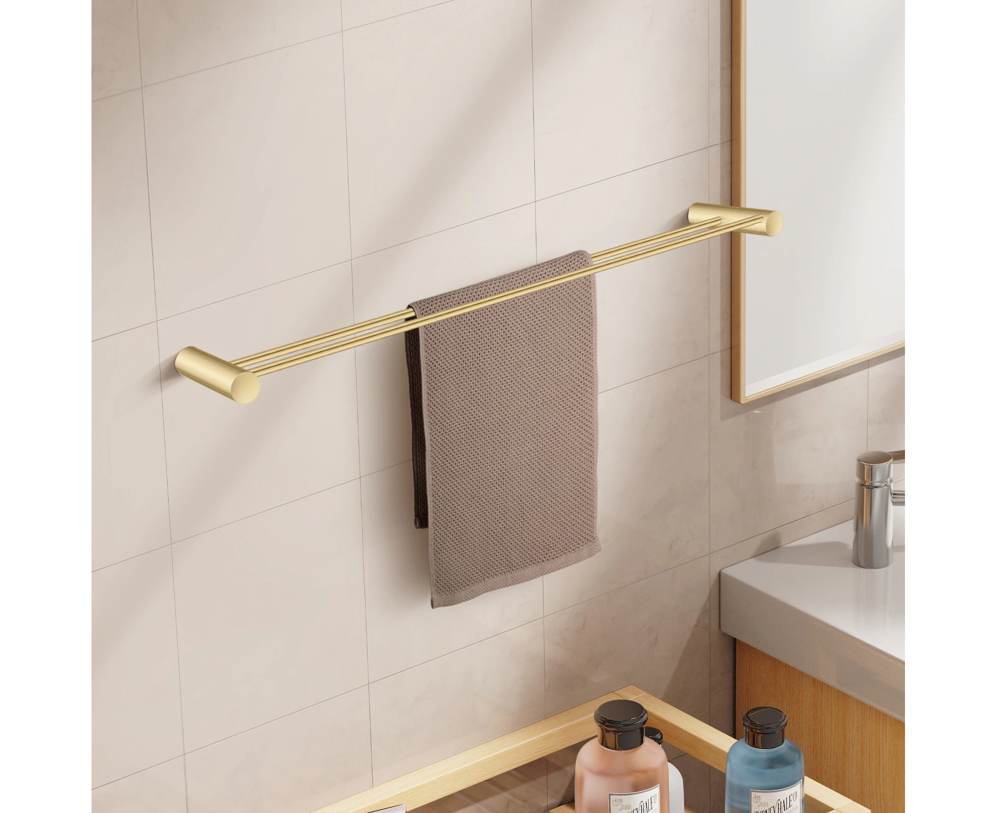 Double Towel Rail 600mm Round Bathroom towel rack shelf Storage drying rack Gold