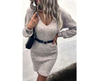 Azura Exchange V Neck Bodycon Sweater Dress - Gray
