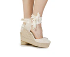 Beige Plain Womens Wedge Espadrilles with Lace Fastening - Beige