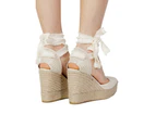 Beige Plain Womens Wedge Espadrilles with Lace Fastening - Beige