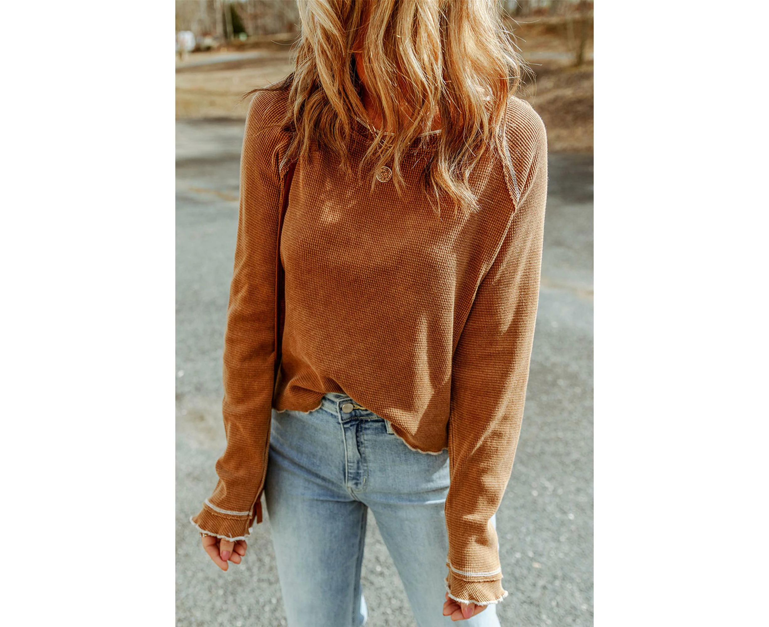 Azura Exchange Textured Long Sleeve Top - Brown