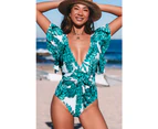 Azura Exchange Floral Print Ruffles One Piece Swimwear - Green