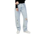 Blue Plain Womens Jeans with Zip and Button Fastening - Blue