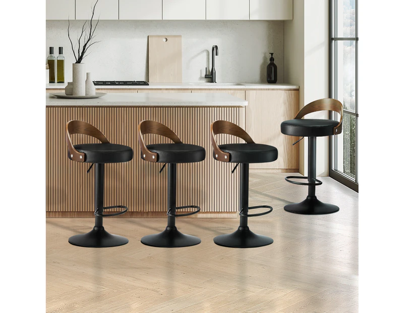 Oikiture Set of 4 Kitchen Bar Stools Gas Lift Swivel Chairs Stool Wooden Leather