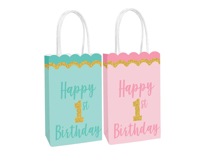 1st Birthday Green and Pink Pack of 8 Favour Bags