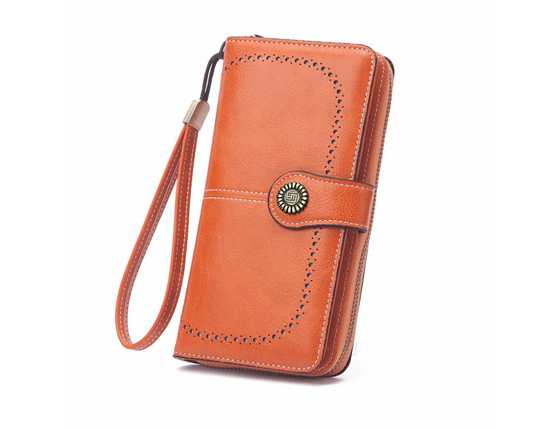Wallet for Women Leather Long RFID Blocking Bifold Zipper Pocket Card Holder with ID Window - Orange