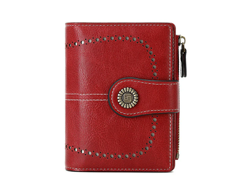 Wallet for Women Leather Small RFID Blocking Trifold Zipper Pocket Card Holder with ID Window - Red