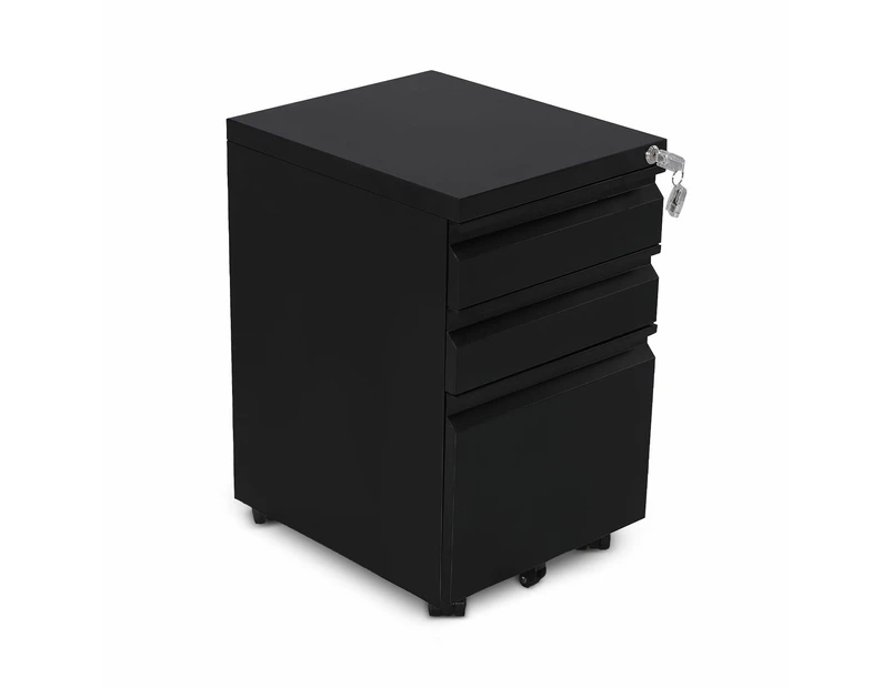 EKKIO 3 Large Drawer Mobile File Cabinet with Lock & 2 Lockable Wheels Black