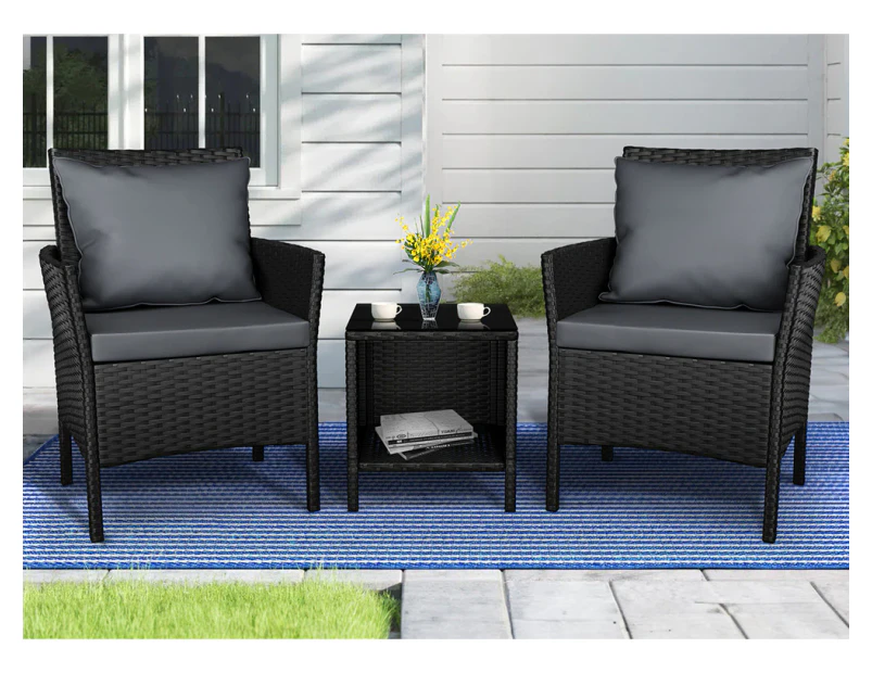 ALFORDSON Outdoor Furniture 3PCS Wicker Bistro Set Patio Chairs Table Black