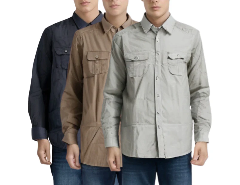 3x Mens Slim 100% Cotton Long Sleeve Shirt Button Up Business Casual - Assorted