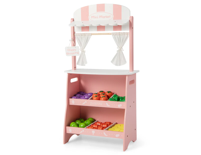 Costway Wooden Kids Pretend Grocery Store Stall Children Market Stand Play Food Toys Set Pink