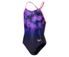 Speedo Girls' Solid Lane Line Back Allover One Piece Swimsuit - True Navy/Electric Pink/Cobalt Pop