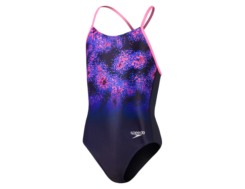 Speedo Girls' Solid Lane Line Back Allover One Piece Swimsuit - True Navy/Electric Pink/Cobalt Pop