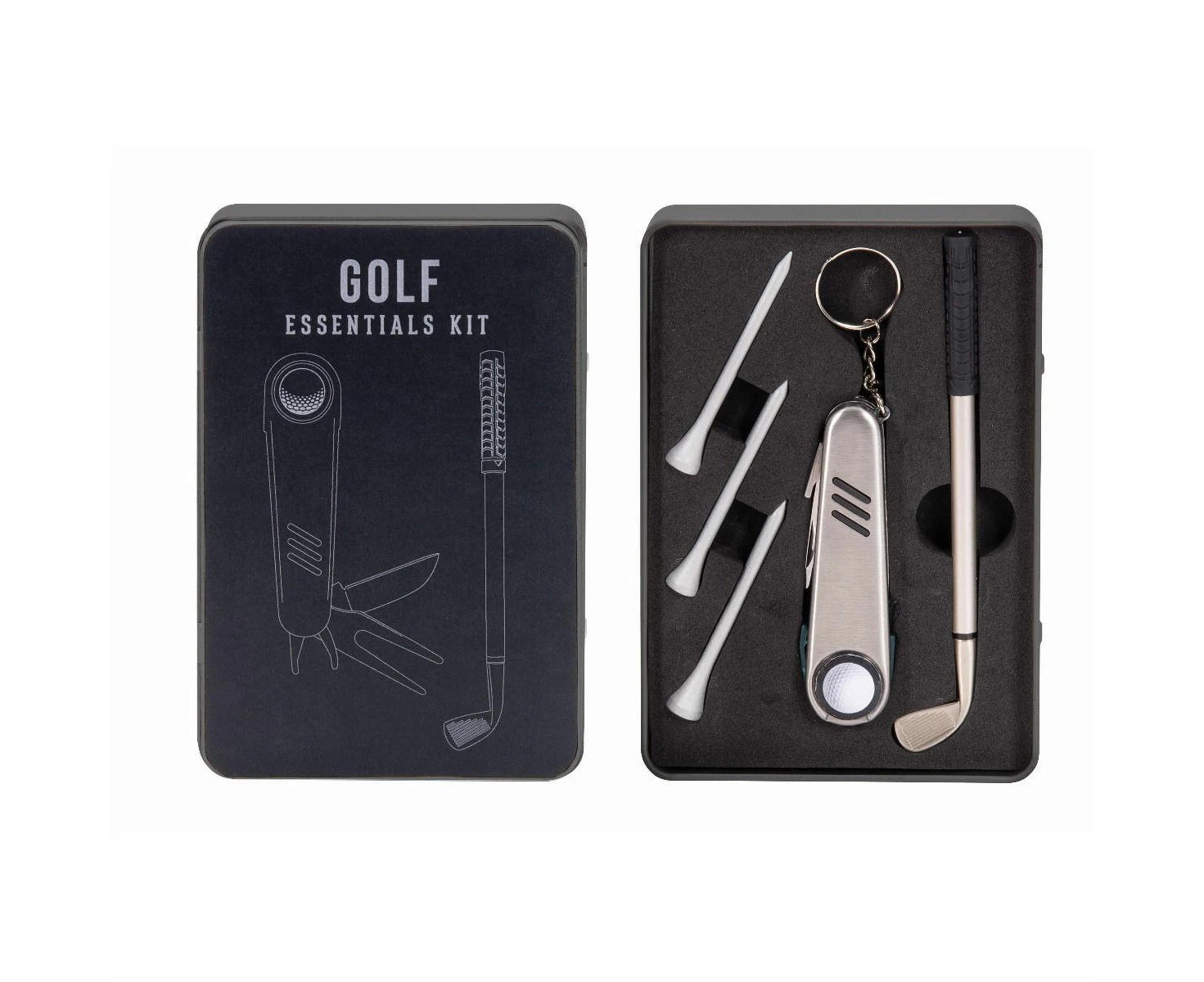 5pc IS Gift Golf Essentials Kit Pen/Multi-Tool Wooden Tees w/ Tin Can Set Black