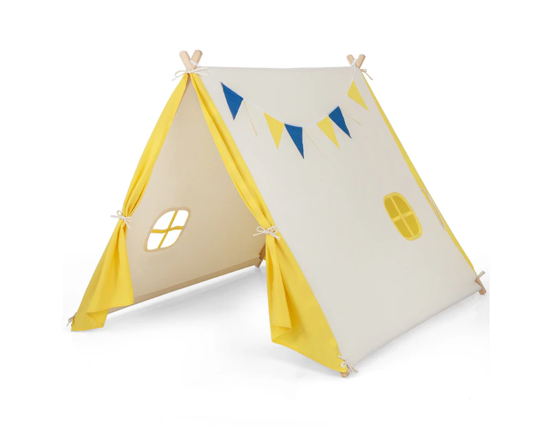 Costway Kids Play Tent Triangular Cotton Canvas kidren Tent Indoor Playhouse Toy Boys Girls Gifts Beige