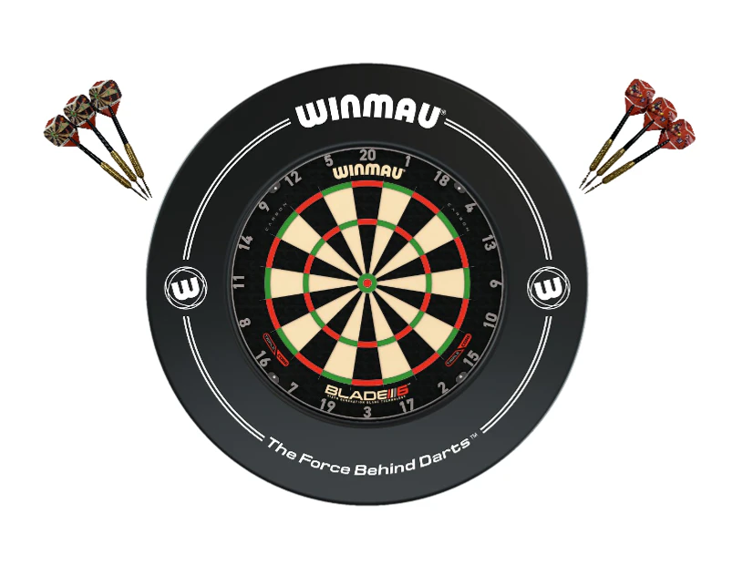 Winmau Blade 6 TRIPLE CORE Dart Board + Black Printed Dartboard Surround + Darts
