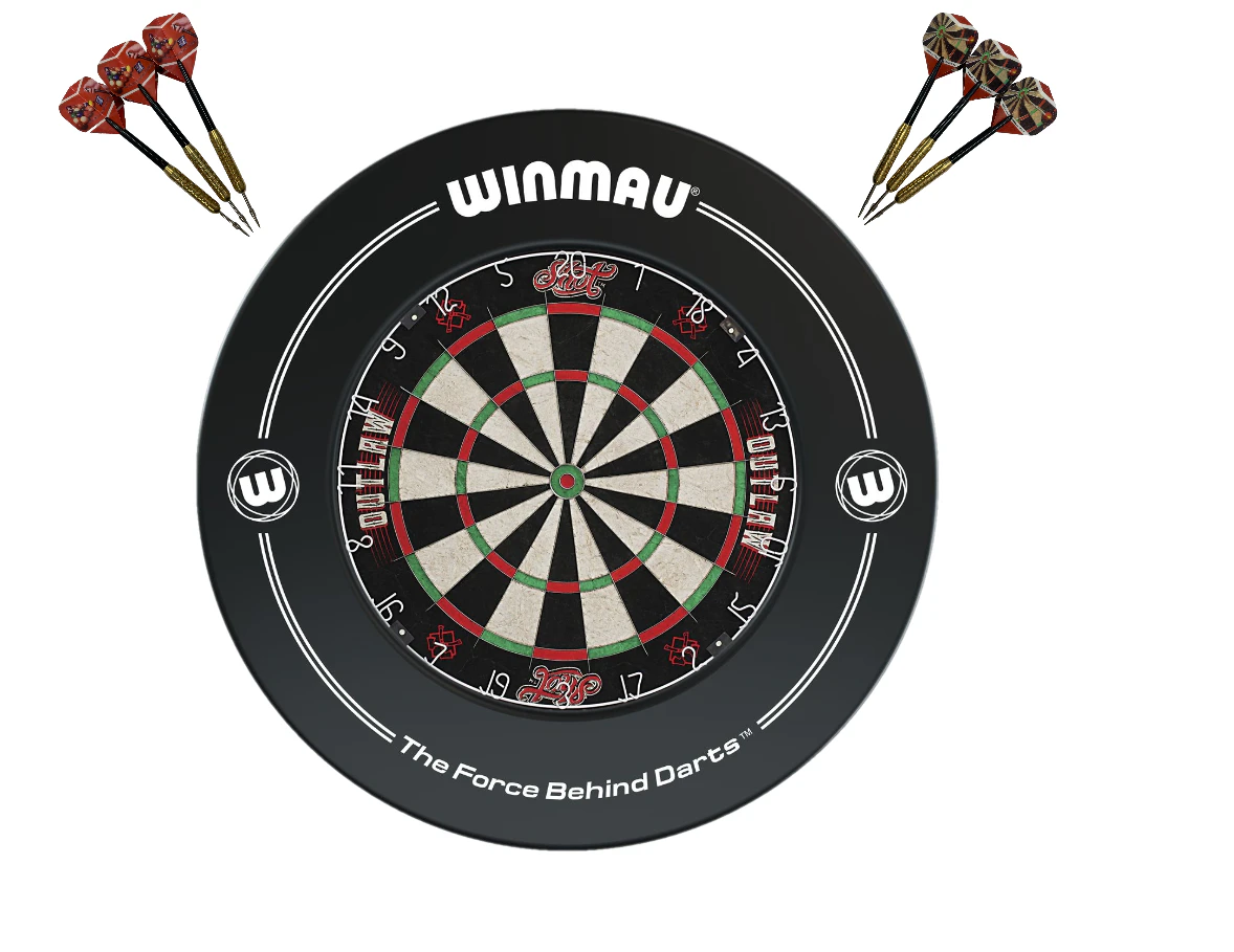 SHOT DARTS Outlaw Bristle Dart board + Winmau PRINTED BLACK Dartboard Surround