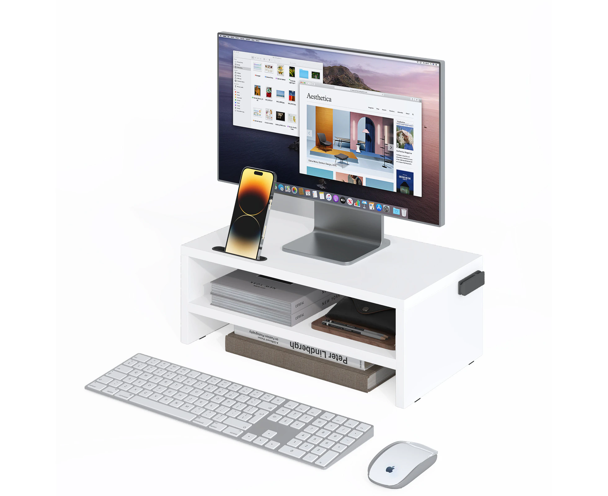 Ufurniture Monitor Stand Riser 2 Tier Wood Computer Monitor Riser with Cable Management White