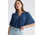 KATIES -  Short Flutter Sleeve Split Neck Top - Blue Mon