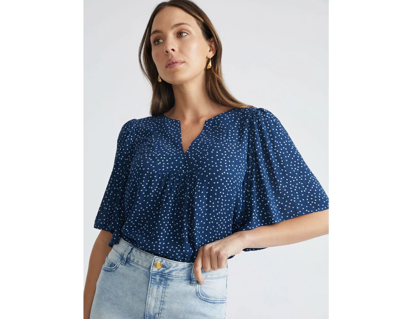 KATIES -  Short Flutter Sleeve Split Neck Top - Blue Mon