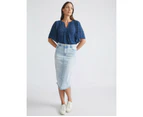 KATIES -  Short Flutter Sleeve Split Neck Top - Blue Mon