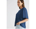 KATIES -  Short Flutter Sleeve Split Neck Top - Blue Mon