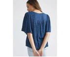 KATIES -  Short Flutter Sleeve Split Neck Top - Blue Mon