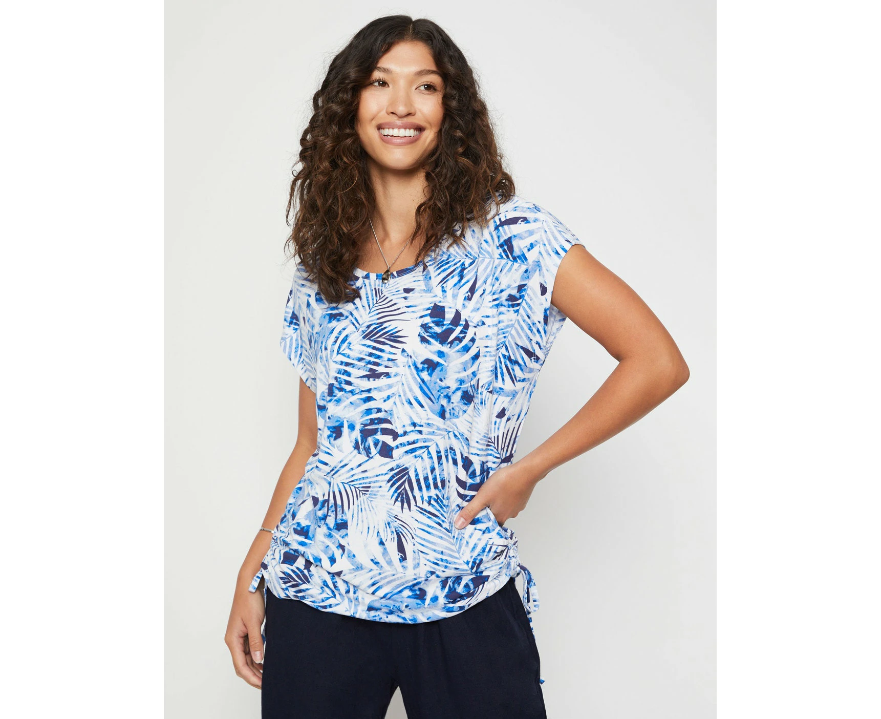 Millers - Womens Summer Tops - Blue Basic - Tie Dye - Office Wear - Work Clothes - Short Sleeve - Elastane - Extended Rouched Sides - Casual Fashion