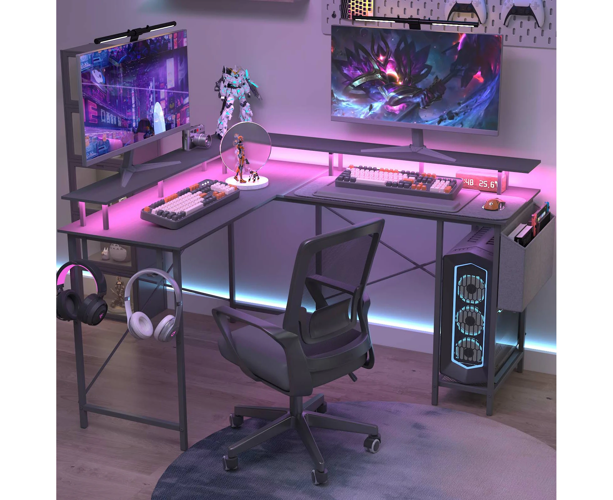 Ufurniture Gaming Desk with LED Lights & Power Outlets Computer Desk L Shaped Desk with Storage Bag Black