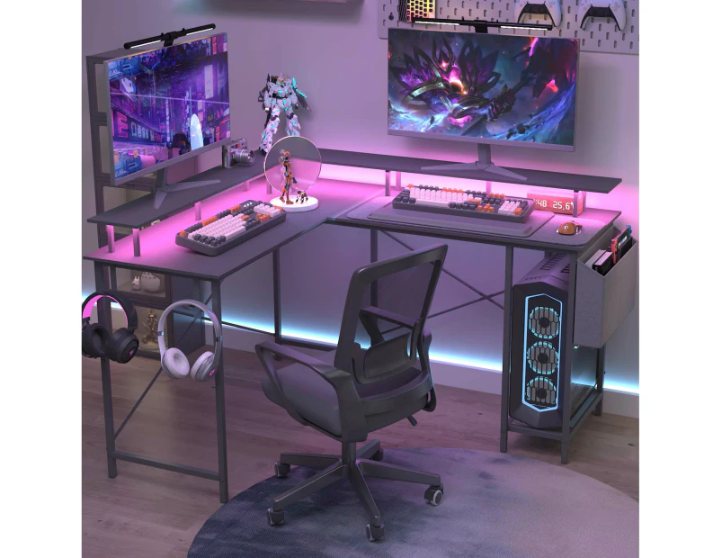 Ufurniture Gaming Desk with LED Lights & Power Outlets Computer Desk L Shaped Desk with Storage Bag Black