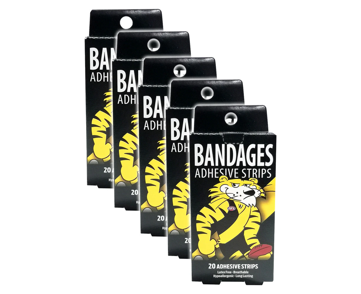 5x 20pc AFL Mascot Bandages Richmond Tigers Breathable Adhesive Strips Kids 6y+