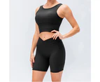 Stylish Black Women's Yoga Workout Sets - Two Piece Exercise Outfits with Crossed High-waisted Tights