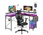 Advwin L Shaped Gaming Desk with LED Lights & Power Outlets and Mesh High Back Desk Chair with Sliding Cushion Set Black