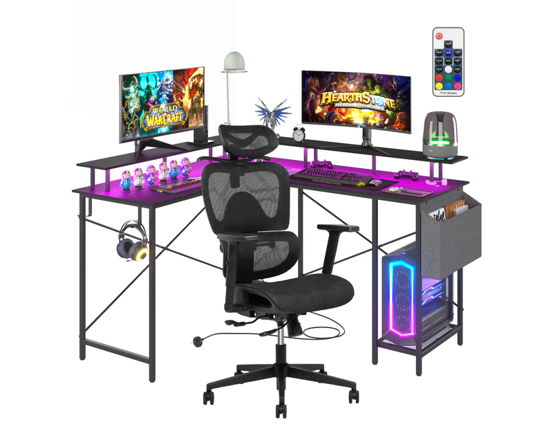 Advwin L Shaped Gaming Desk with LED Lights & Power Outlets and Mesh High Back Desk Chair with Sliding Cushion Set Black