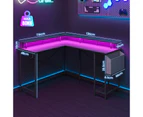 Advwin L Shaped Gaming Desk with LED Lights & Power Outlets and Mesh High Back Desk Chair with Sliding Cushion Set Black