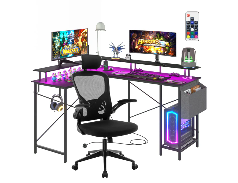 Advwin L Shaped Gaming Desk with LED Lights & Power Outlets and Ergonomic Computer Chair Set Black